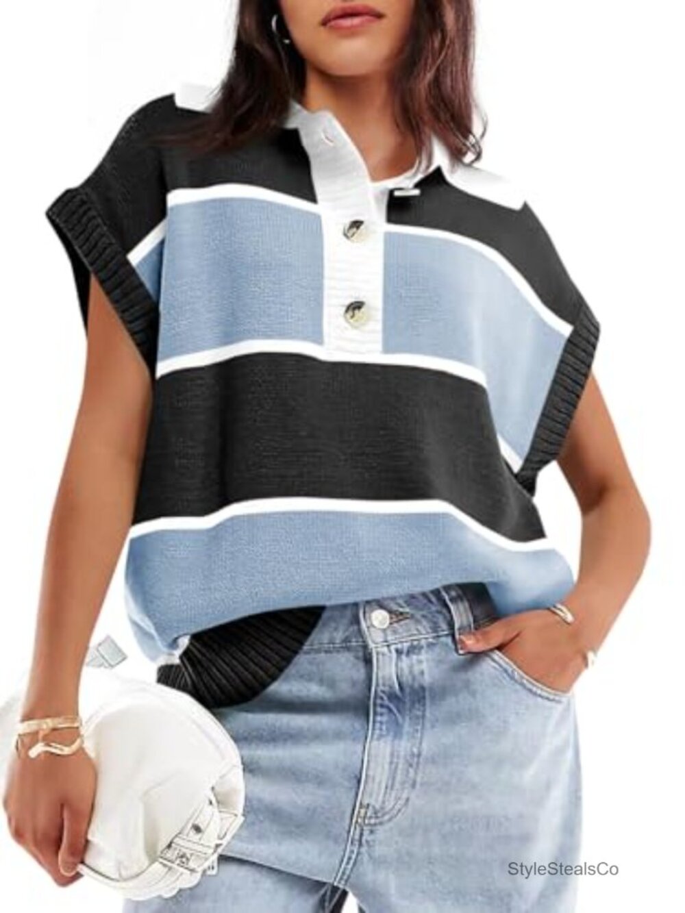 V Neck Button Down Striped Short Sleeve Knit Sweater Collared Pullover